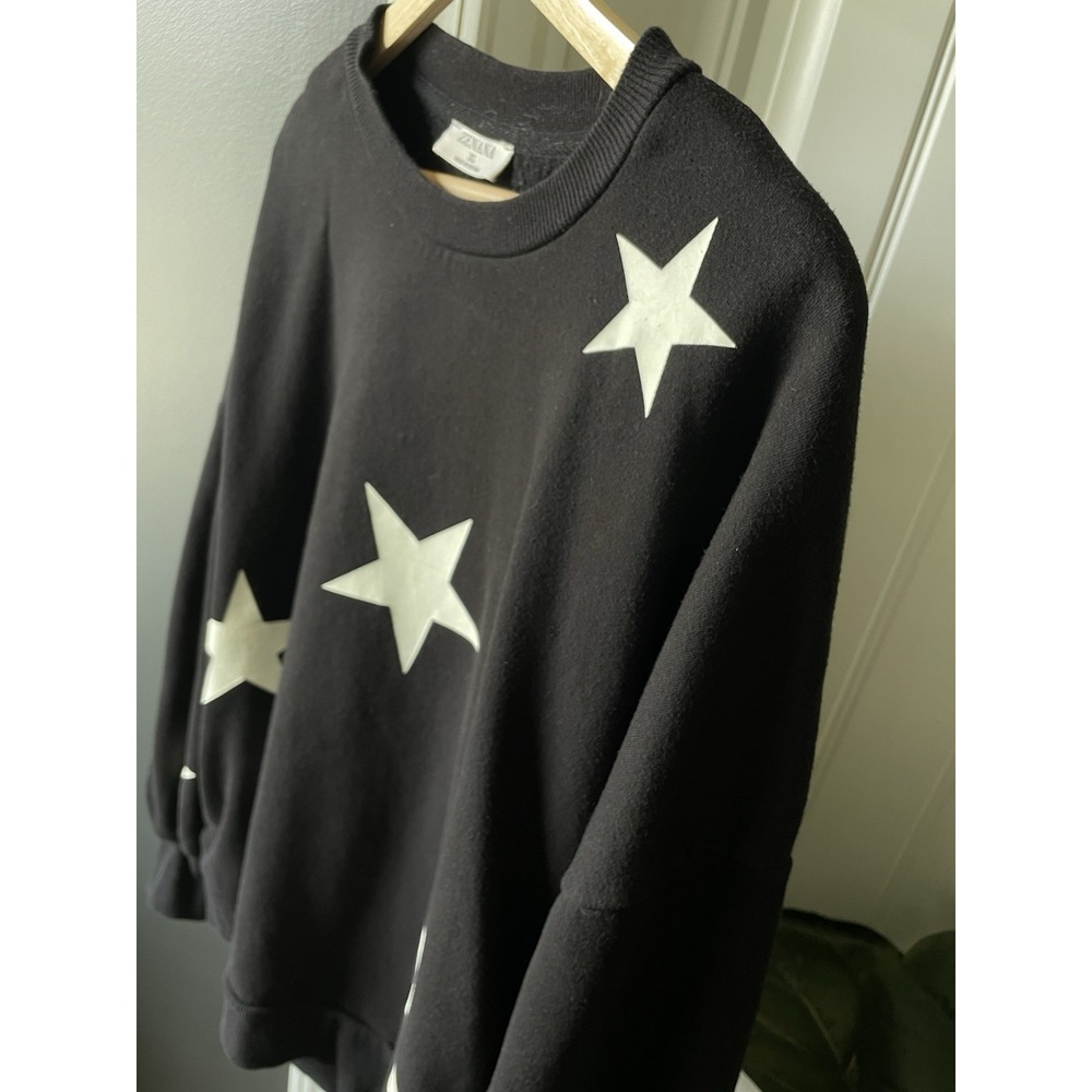 ZENANA XL Sweatshirt Black w/ White Star Print Fleece Pullover Crew Neck Pockets - Picture 2 of 7